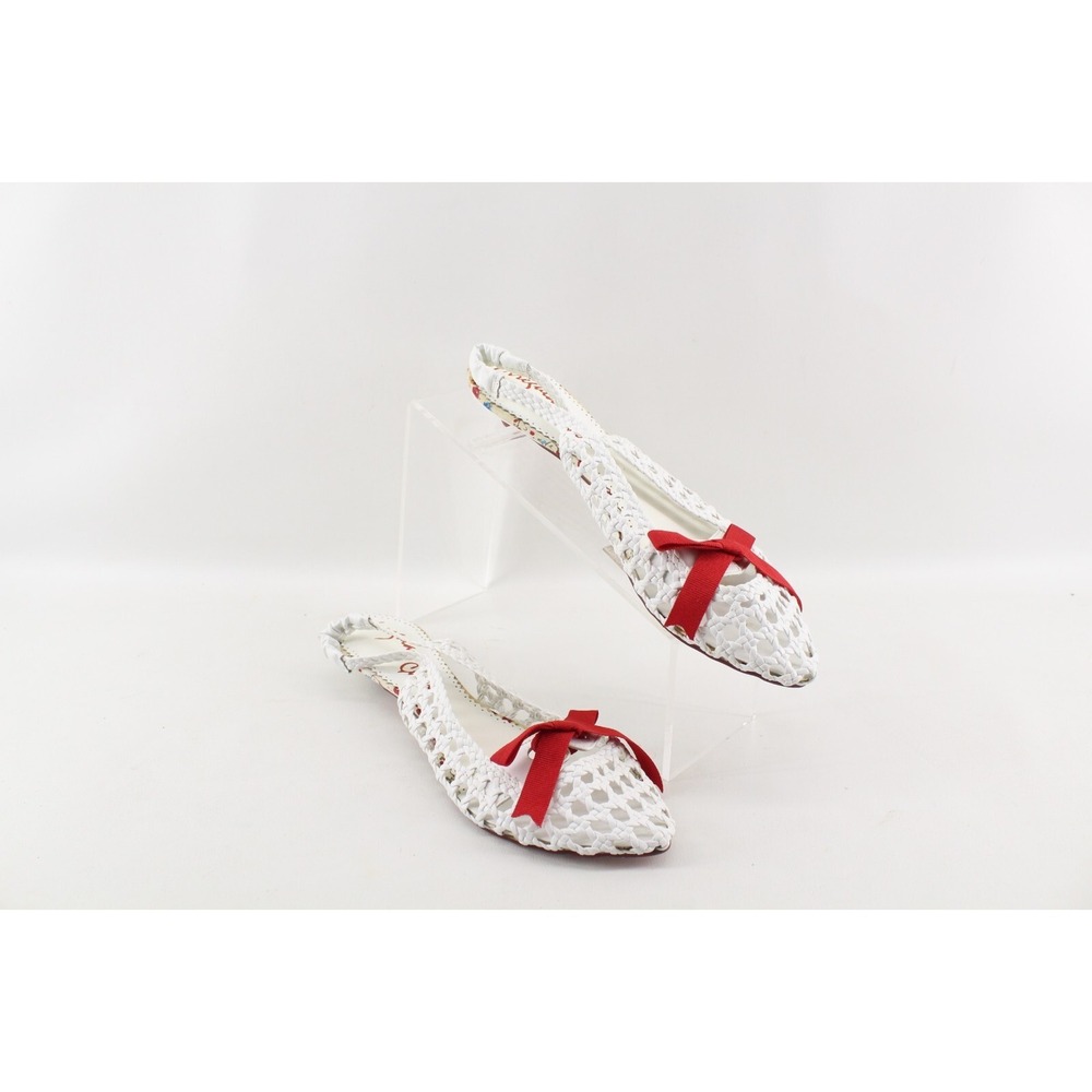 Irregular Choice White Leather Lattice Weave Kitten Heel Flats with Red Bow 39.5
